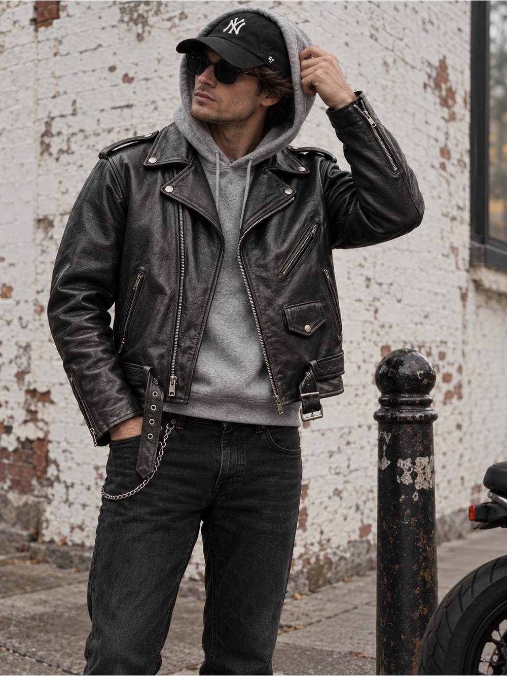 Xelement Mens 46 XL Genuine Leather Motorcycle Biker Jacket Black Belted Moto